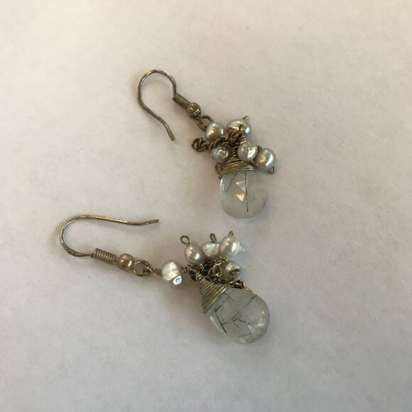 Silver, Pearl and Tourmalated Quartz Dangle Earrings - Picture 4 of 7